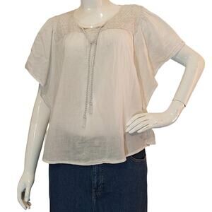 Mudd White Boho Peasant Top Crochet Yoke Tassel Tie